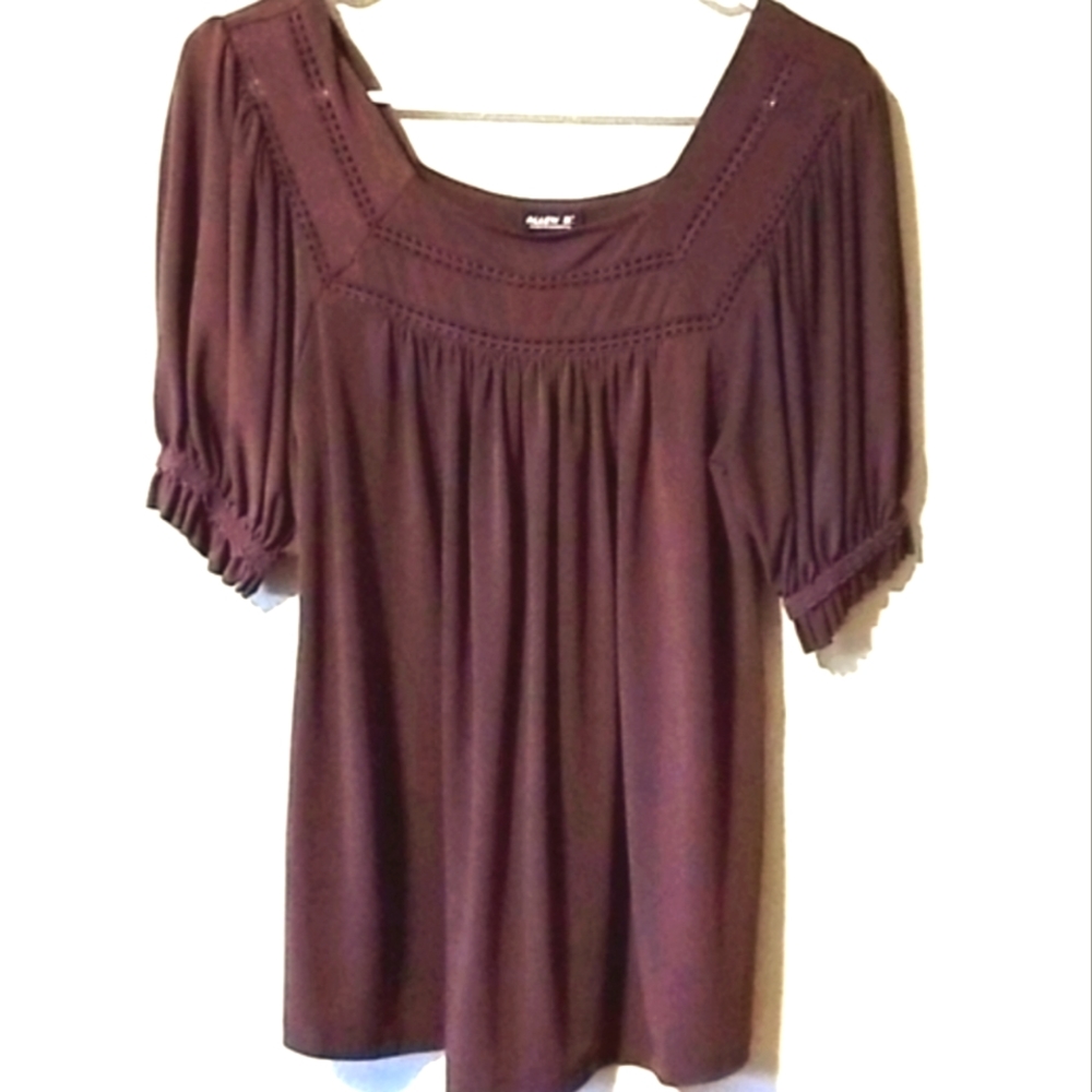 Chocolate Brown balloon short sleeve scoop neck blouse small